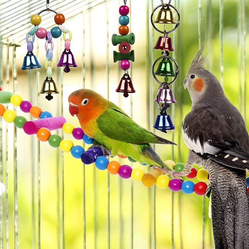 Jouets Cage à oiseaux pour perroquets, jouet fiable et à mâcher, balançoire, pont à mâcher, perles en bois, cloche à boules, 10 paquets