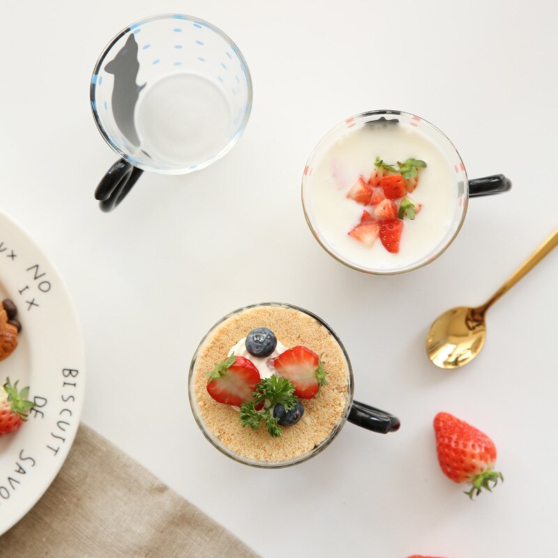 Taza de cristal con asa para gato, taza de cristal de dibujos animados para hogar, oficina, café, cocina, impreso, accesorios