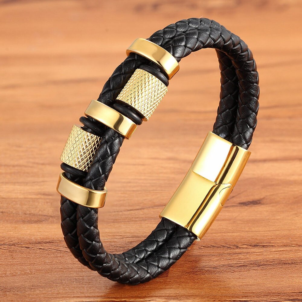 Herrenarmband aus edelstahl und leder mit unregelmäßigem aufbringen, individuell gestaltbar in 3 farben, klassisch, für attraktive jungen zum geburtstag: Gold