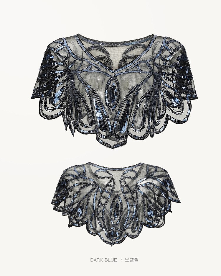 Kort sjal med 1920s klaffer paljett beaded cape beaded dekorasjon gatsby party mesh kort dekkkjole vintage tilbehør: Blå