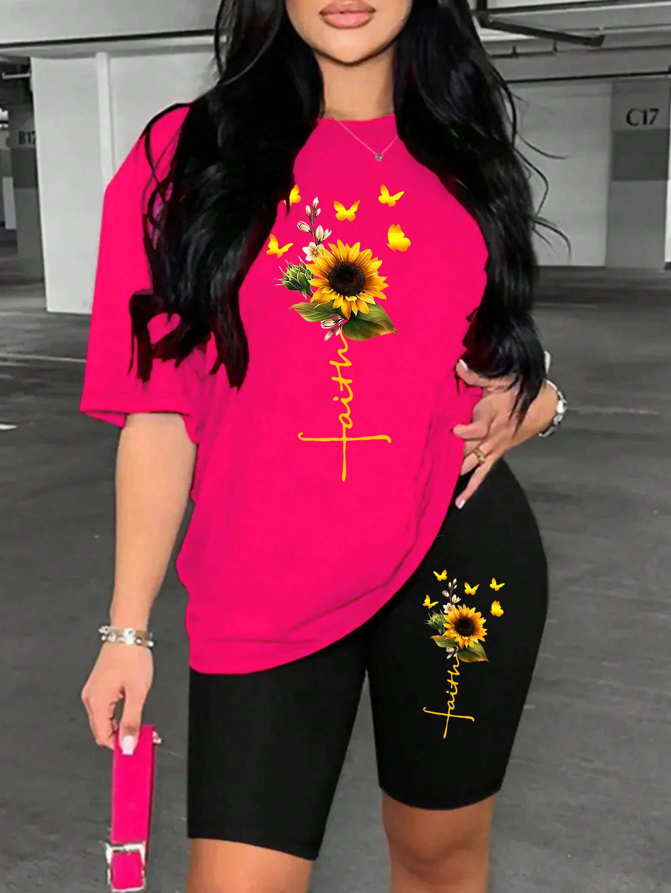 Sonnenblumen Schmetterling SchöNe Druck Frauen T Hemden Zwei Stück einstellen Kurze setzt Atmungsaktivem Hemd kurze Hose Neue: XXXL / Kakifarbig