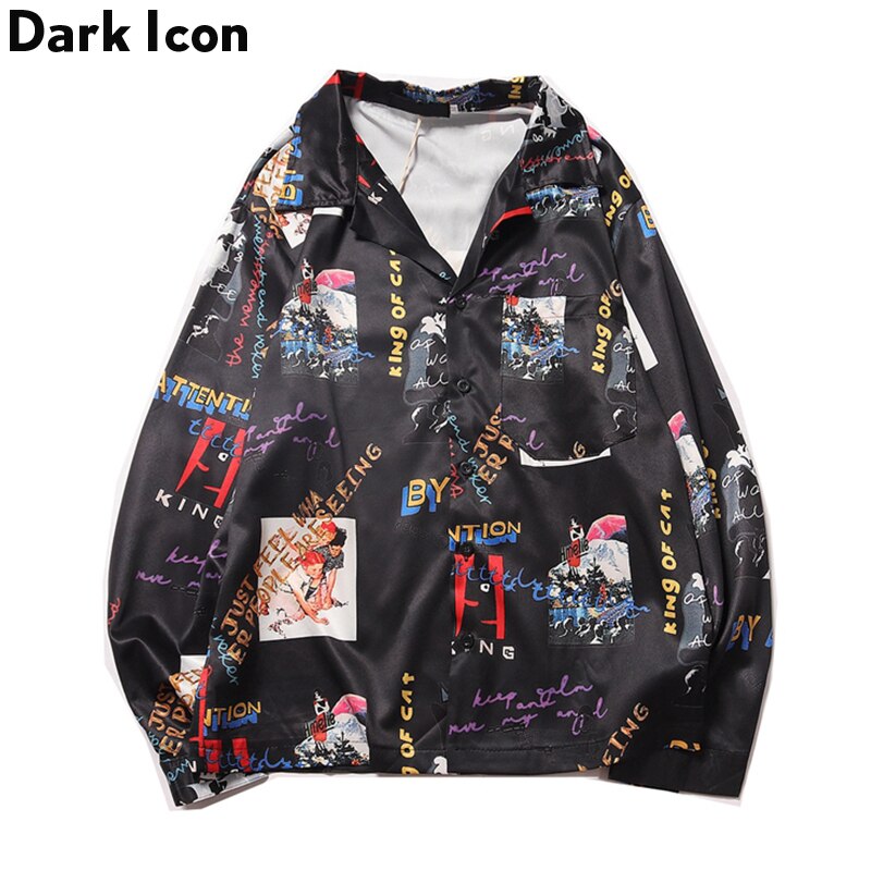 Foncé icône lettre pleine imprimé Hip Hop chemises avant poches hommes col rabattu chemises lâches automne rue hommes chemise