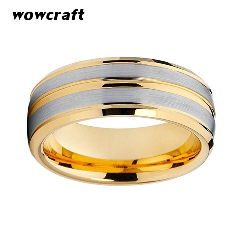 8Mm Gold Tungsten Wedding Band Ring Voor Mannen Vrouwen Gegroefde Center Geborstelde Afwerking Afgeschuinde Randen