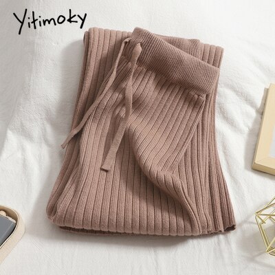 Yitimoky Knitted Wide Leg Pants for Women Streetwear Clothes Joggers Baggies Drawstring Sweatpants Work Bottoms Pants Ulzzang: Khaki