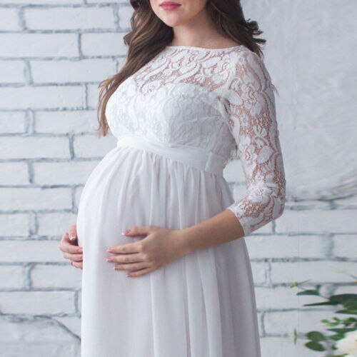 Gravid mor kjole barsel fotografering rekvisitter kvinder graviditet tøj blonder kjole til gravid fotografering tøj: Hvid / Xl