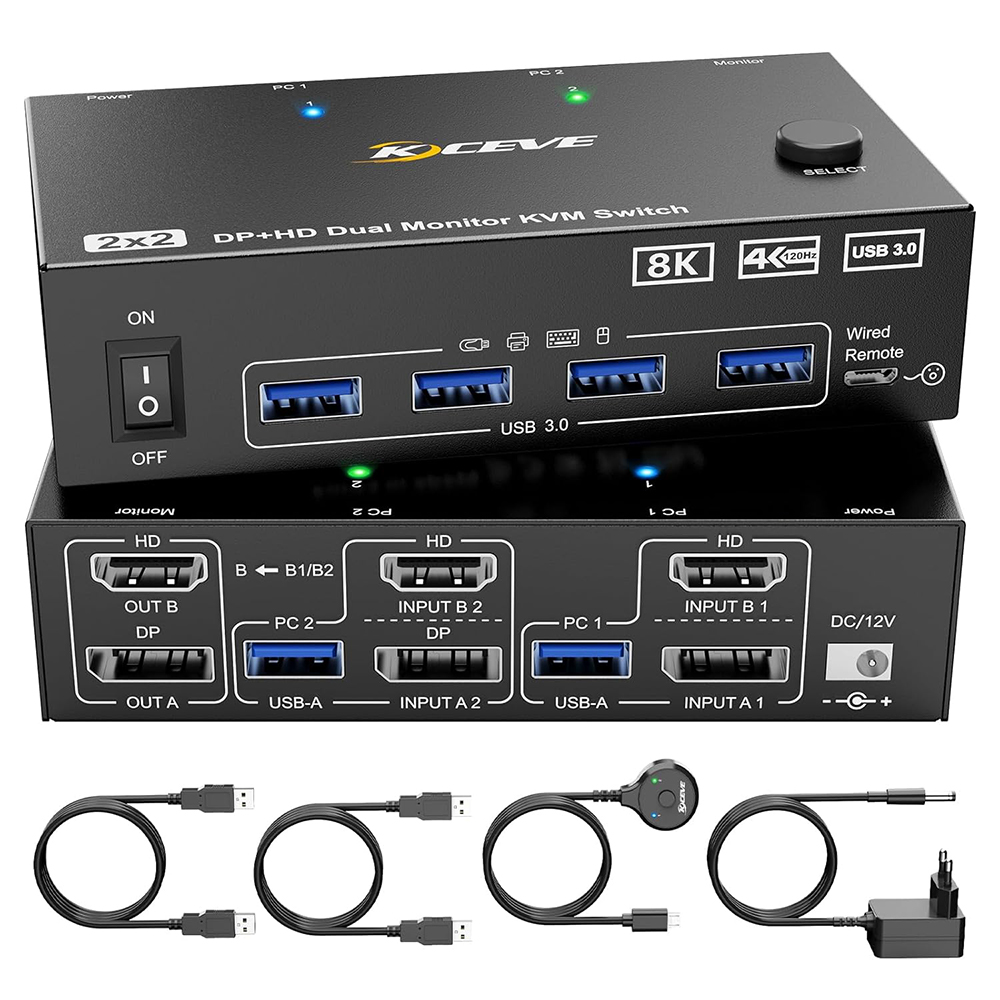 8k kvm switch 8k @ 60hz 4k @ 144hz kvm switch med 2 porte 2 skærme 2 computere hdmi-kompatibel+dp usb 3.0 switch udvidelsesskærm: Brun