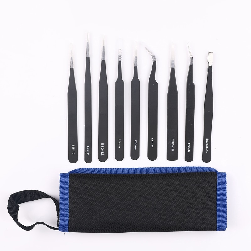 9 pçs esd pinças kit ferramentas precisão antiestático ponta curvada em linha reta pinças de aço inoxidável nipper ferramenta de reparo novo
