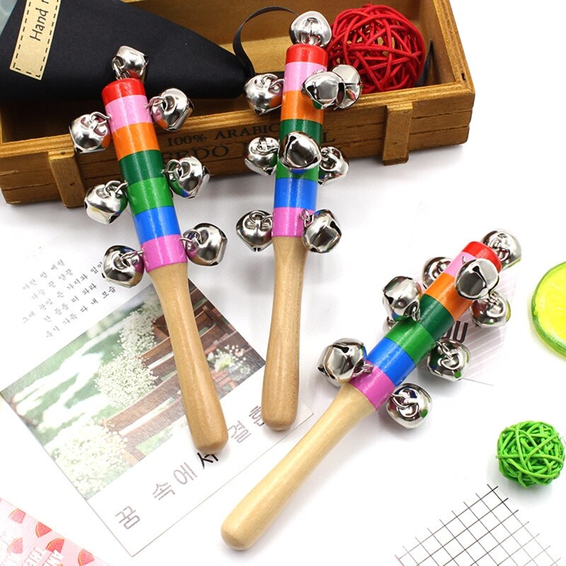 3pcs Hand Sleigh Bells Wooden Handle School Desk Ringbell for Wedding Decoration Jingle Bell Decor Musical Toy