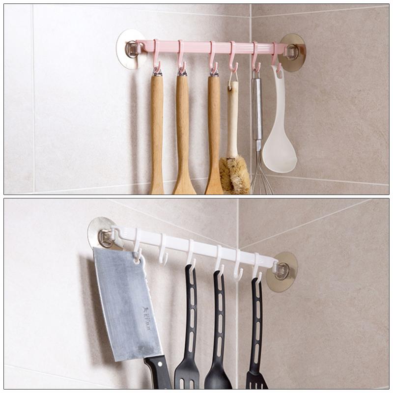 1Pcs Wall Corner Strong Adhesive Hook 6 Hooks Up Wall Rails Towel Shelf Rack For Bathroom Kitchen Cabinet Storage Strong Sticky