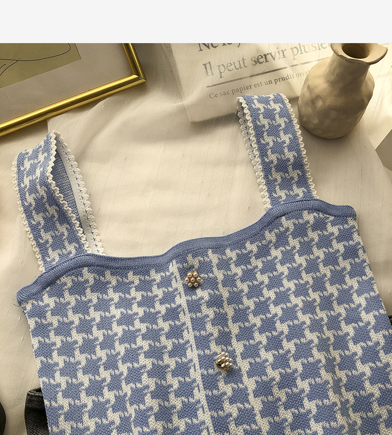 Oudea – débardeur à bretelles en pied-de-poule pour femme, haut court décontracté avec boutons en perles, Vintage, boîte Picto Edge, été