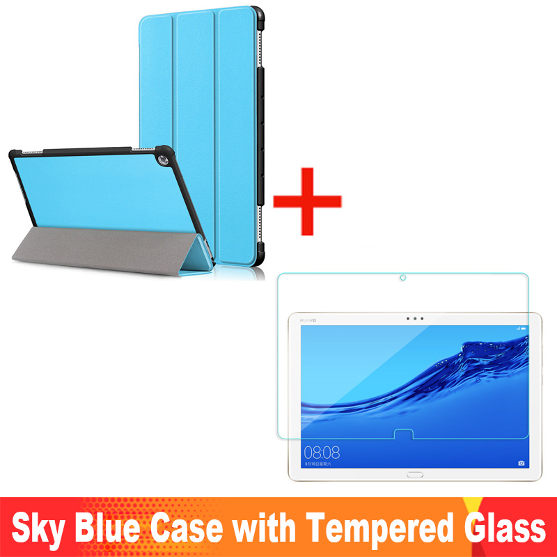 Para Huawei MediaPad M5 Lite funda 10 BAH2-W19/L09/W09 Ultra delgada Pu cuero Smart Stand cubierta para media Pad M5 Lite 10,1": Sky Case add Glass