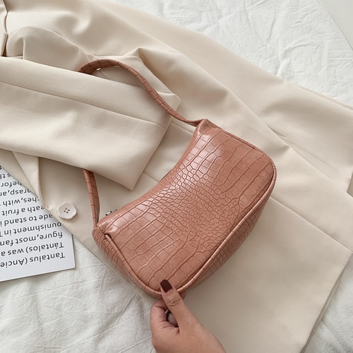 Soft PU Leather Crocodile Pattern Women Underarm Bag Vintage Casual Ladies Small Shoulder Bag Female Tote Purse Handbags: Orangepink