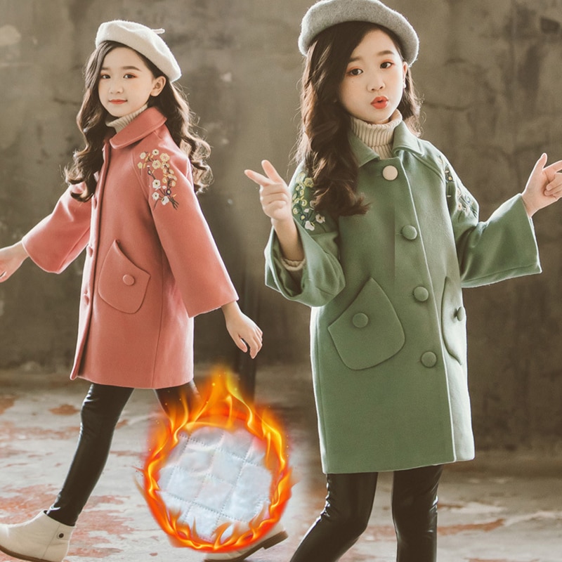Korean Winter Overcoat Woolen Coat Baby Girls Warm Thickening Tops Lapel Flower Pattern Kids Children Outwear Clothing