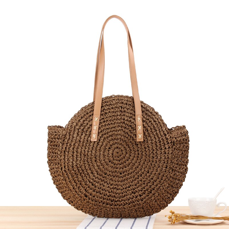 Bolso de playa de paja para mujer, bolsa de rafia tejida a mano de estilo bohemio e informal y con redondo para el verano: Deep brown  L