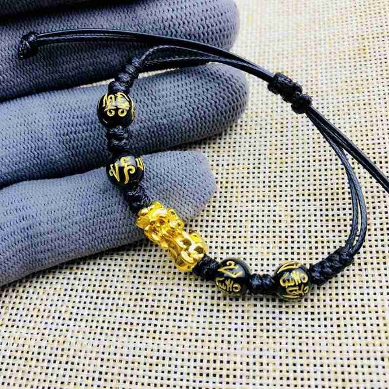 Unisex Feng Shui Obsidiaan Steen Kralen Armband Touw Polsband Gold Rijkdom Gezondheid Rijke Geluk Armband Voor Vrouwen Mannen