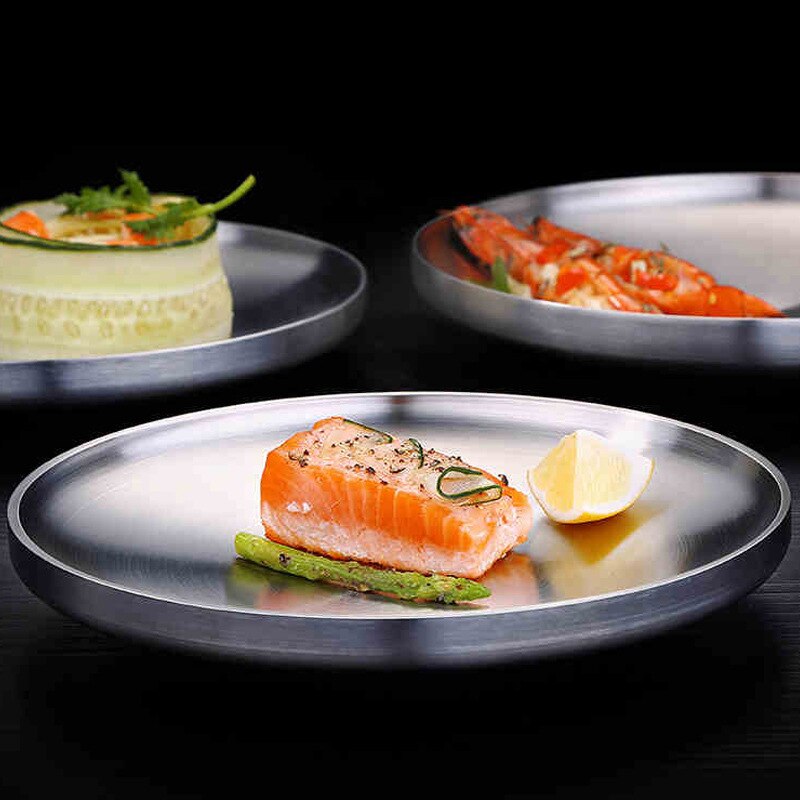 Kitchen Stainless Steel Western Steak Plate Household Dinner Salad Cake Dessert Round Plates Dishes Tableware Dish Disc Trays