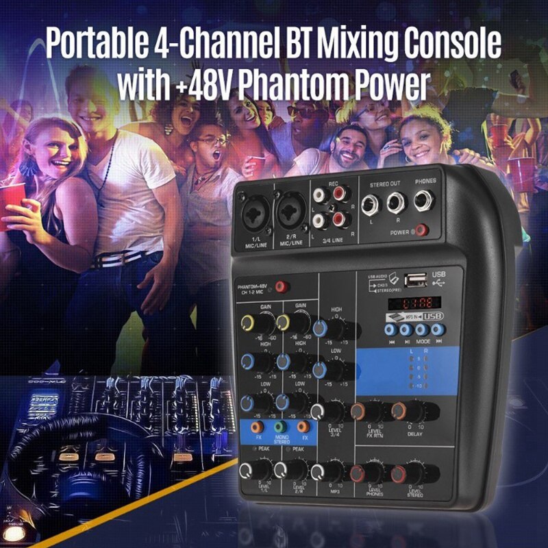 Portable Bluetooth A4 Sound Mixing Console Audio Mixer Record 48V Phantom Power Effects 4 Channels Audio Mixer With Usb(Eu Plug)