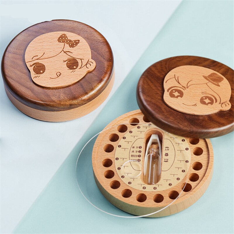 Wooden Baby Teeth Storage Box English Kids Milk Teeth Umbilical Lanugo Organizer Deciduous ToothKeepsakes Save