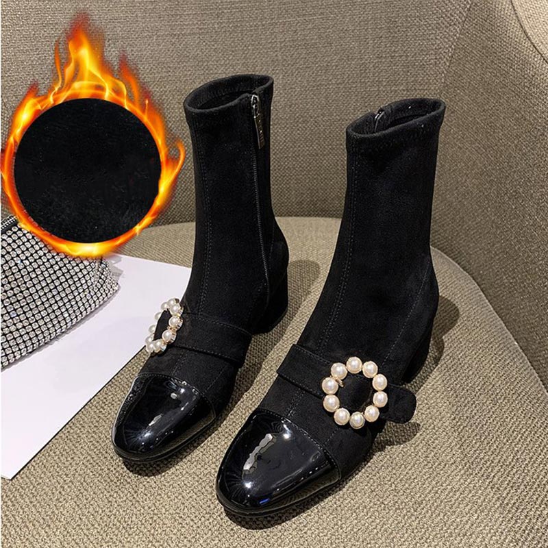 Vrouw Vrouwelijke Rits Parels Bloem Midden Hakken Wees Teen Winter Dames Schoenen Vrouwen Schoenen Mid-Kalf laarzen: BK plush / 9