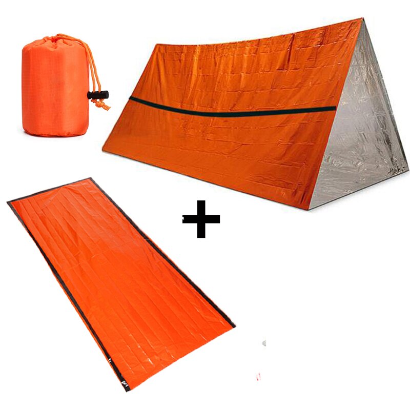 2 stk/sett nødsovepose & regnfrakk førstehjelp soveutstyr termisk vanntett utendørs camping fotturer solbeskyttelse zxh: 1 oransje sove 1 telt