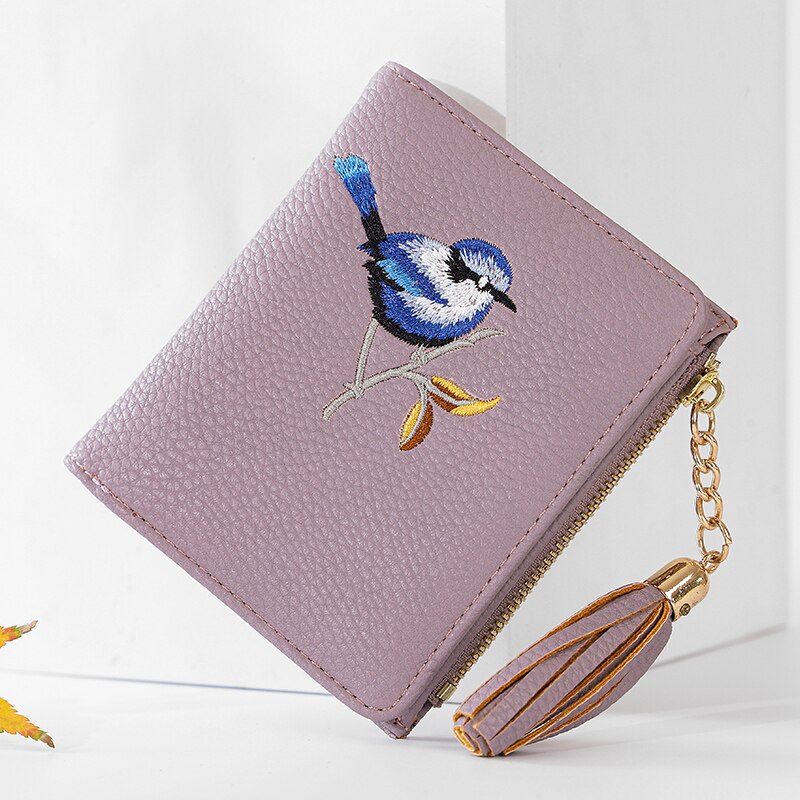 Wallet Women Bird Embroidery Portefeuille Femme Zipper Hasp Short Purse Leather Card Holder Green Blue Pink Black Women Wallets: Type A light purple
