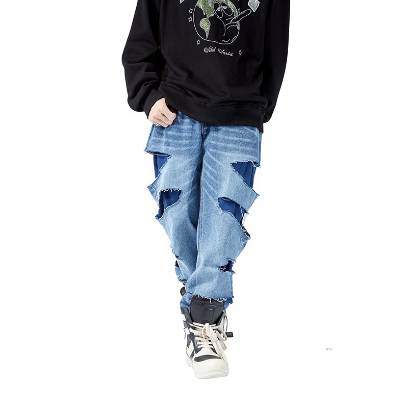Swag – pantalon en Jean délavé pour hommes, bleu, noir, Hip Hop, Large, pantalon en Denim déchiré, femme, Streetwear urbain