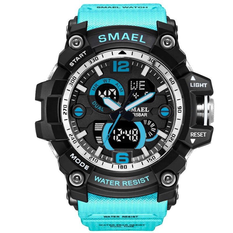 SMAEL Luxe Dual Display Horloges Mannen Sport multifunctionele Waterdichte LED Elektronische Digitale Horloge Alarm Week Datum Relogio: Sky Blue