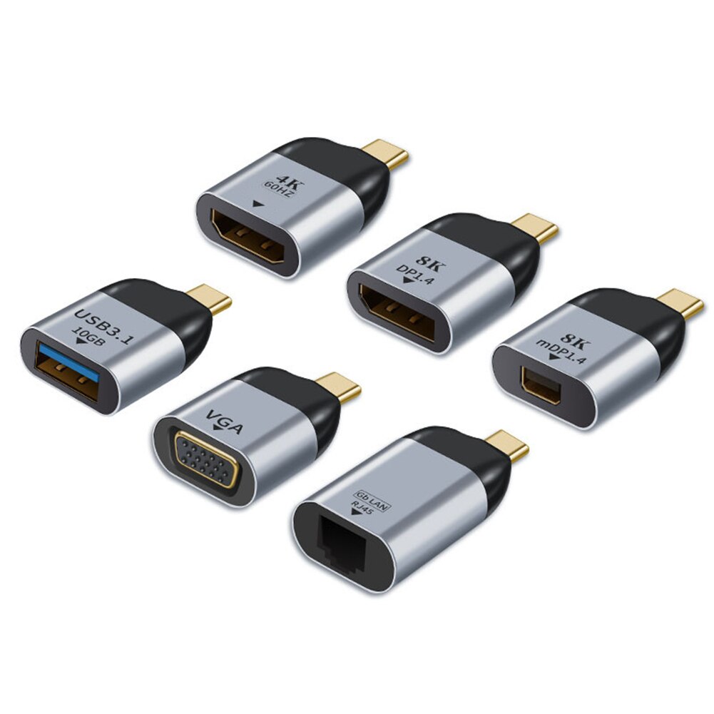 Adaptador macho a hembra, convertidor de enchufe de proyección 4K/8k 60Hz, tipo C a USB 3,1/compatible con HDMI/DP/VGA/Mini DP/RJ45
