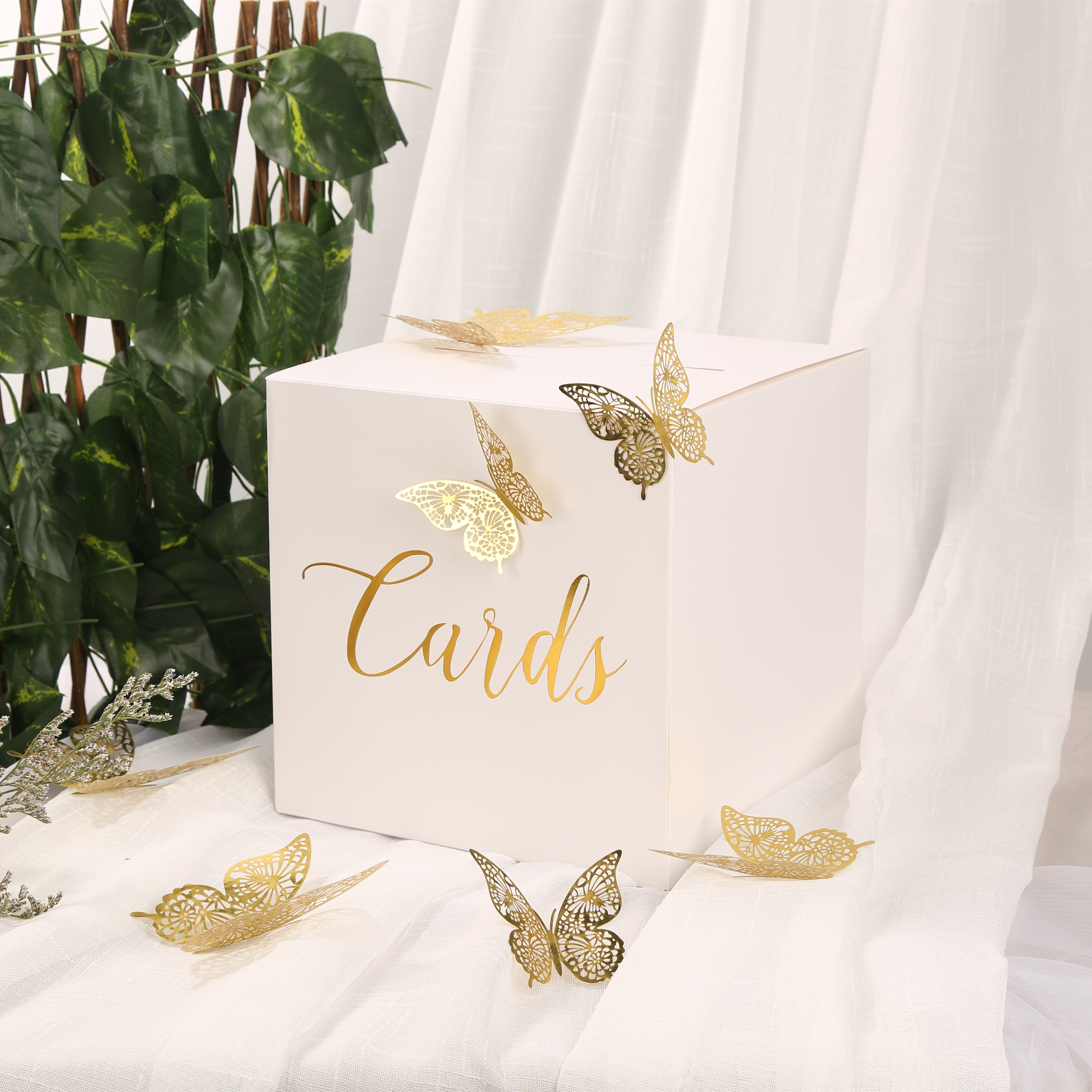 Caja de tarjetas para de cumpleaños de boda, caja de tarjetas de de cartón con letras en relieve y mariposa dorada ahuecada - cuadrado