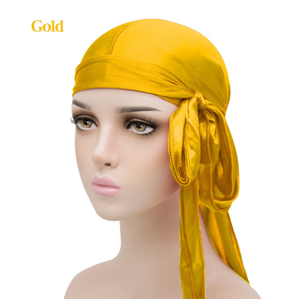 UK STOCK Unisex Men Womens Bandana Doo Durag Headwear Long Tail Soft Silk Pirate Cap Wrap outdoor cycling Durag beanie Adult Hat: Gold