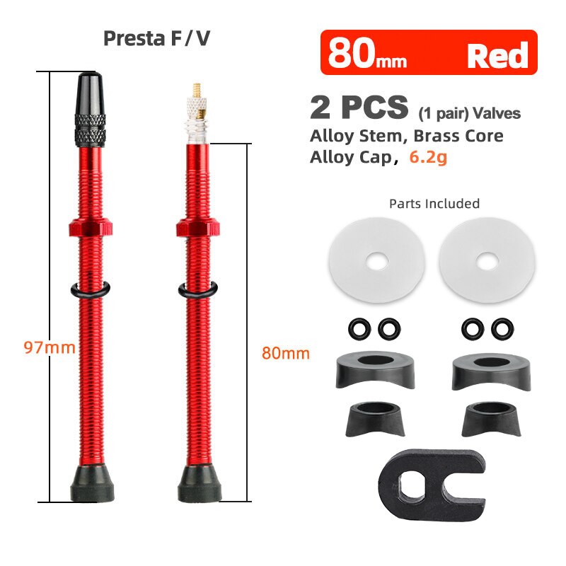 Deemount 2PCS Bicycle Tubeless Tire Presta Valve Brass Core Optional Brass Alloy Stem 40/60/80/100/120mm W/ Alloy Cap &amp; Tool: 80mm Alloy Red B