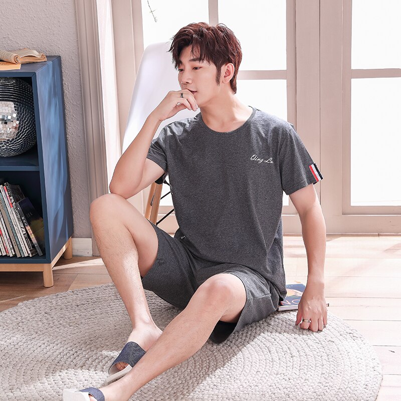 Leisure Summer Men Cotton Pajamas Short Sleeve Male Pajama Set Men Sleepwear Suit Casual Bottom Homewear Clothing Nightwear: XXL