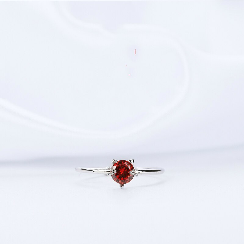 Silver Rings Cat Adjustable Finger Rings 925 Wine-red Zircon Cute Cat Ring for Women Jewelry