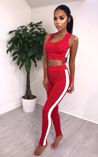 Crop top solid print Suit Set Women Tracksuit Two-piece Sport Style Outfit Jogging Sweatshirt Fitness Lounge Sportwear: Red / M