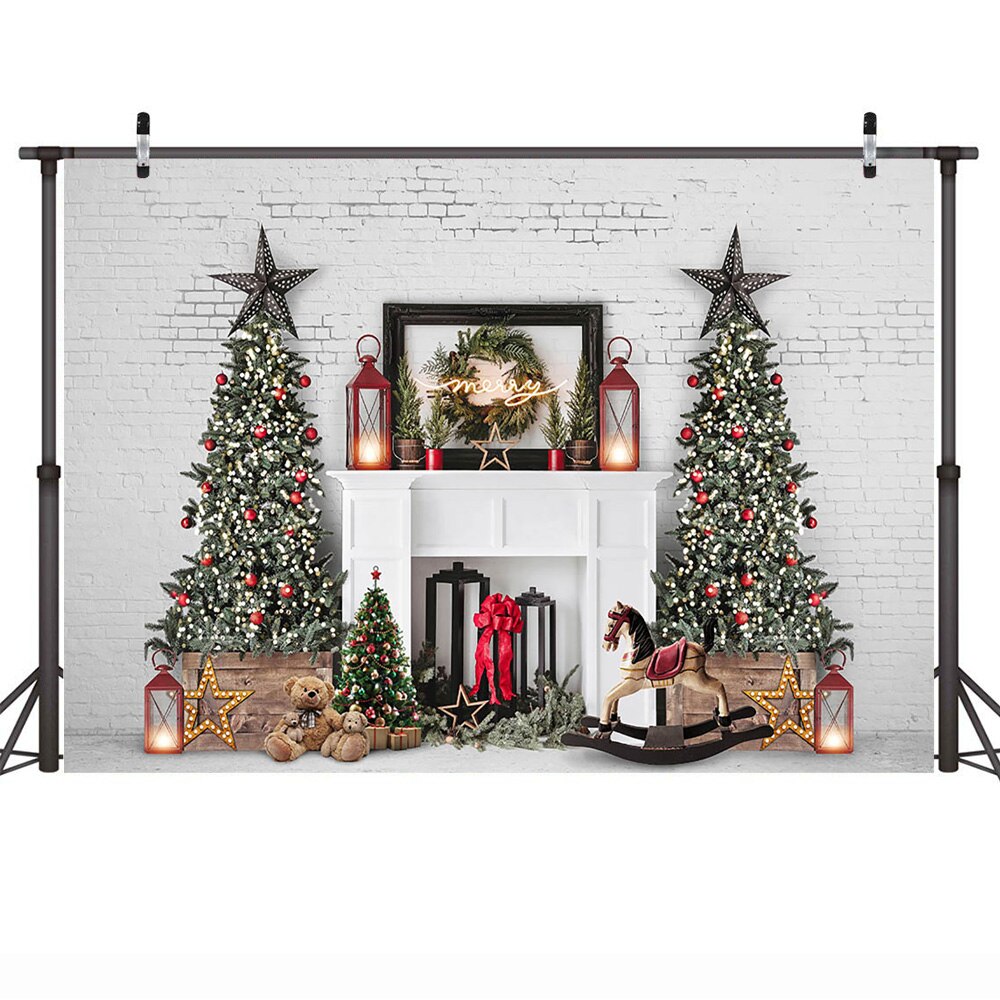 Glædelig jul foto baggrund hvid murstensvæg pejs vinter juletræer baggrund fotografering legetøj lampe photocall: 220 x 150cm polyester