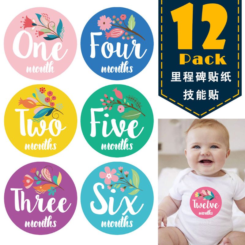 Foto de evento mensual de primer año para bebés, pegatinas para el vientre de bebé que comparten el nacimiento hasta 12 meses y 8 pegatinas de rendimiento
