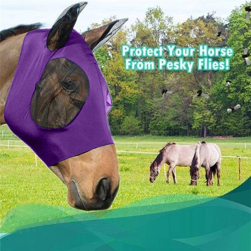 Mascarilla transpirable antimosquitos para caballos, cubierta protectora elástica para la cara, con orejas, Protectores faciales, cuidado de caballos, AA