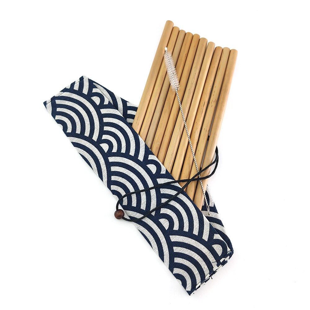 Bamboo Drinking Straw Cutlery with Pouch Biodegradable Alternative to Plastic Stainless Straws Reusable Eco-friendy Clean Brush: Japanese Wave