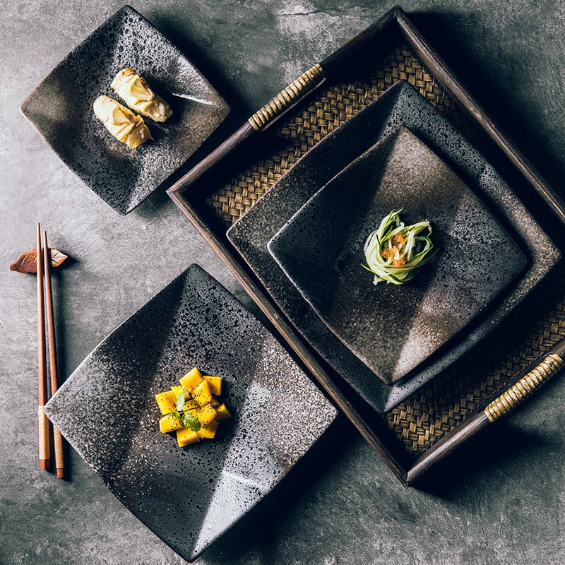 Minimalist Japanese Style Square Black Dish Dessert Plate Ceramic Steak Sushi Plate Restaurant Hotel Home Kitchen Tableware