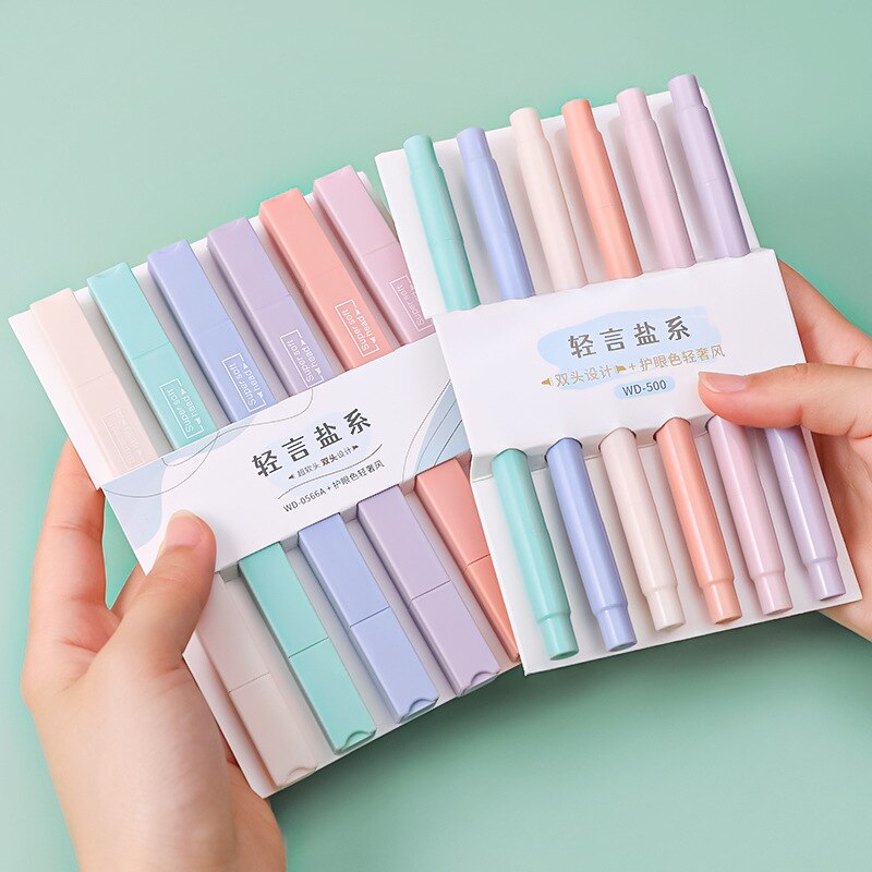 Stylos surligneurs à Double pointe Kawaii, carrés et ronds de couleur bonbon, marqueurs Manga Midliner Pastel, ensemble de protection des yeux 6 pièces