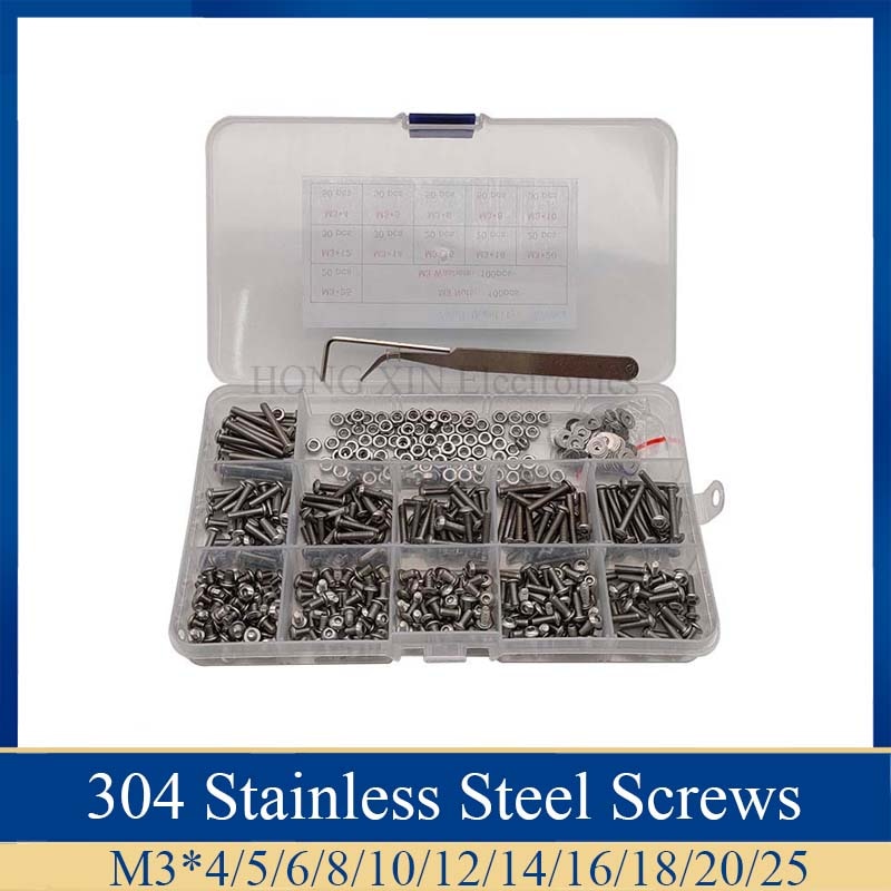 570pcs/Set M3 Hex Button Socket Head Cap Screw Nut Hexagon Metric Thread Machine Bolt Assortment Kit Set 304 Stainless Steel