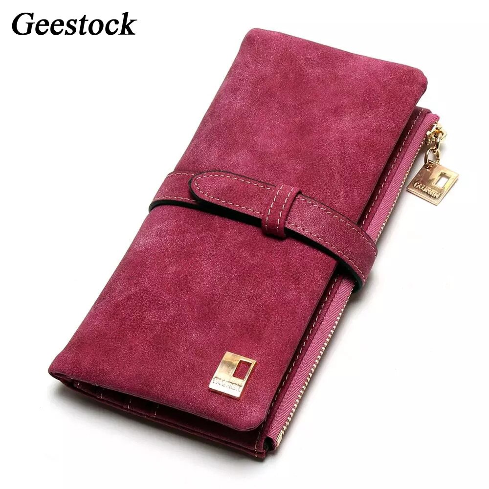 Geestock Frauen Geldbörsen Lange Geldbörse Zwei Falten Frauen Brieftaschen Kordelzug Nubuk Leder Zipper Wildleder frauen Lange Purs: Rose red