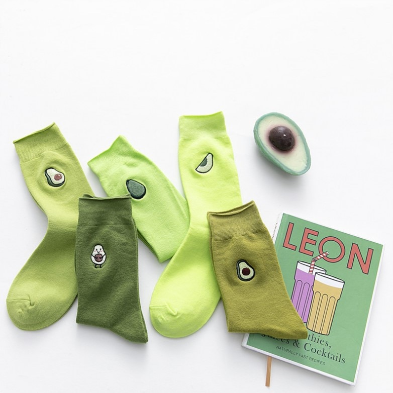 Fasahion Spring And Summer Women's Socks Cute Avacado Embroidery Green Set Socks Casual Socks Short Cotton Socks
