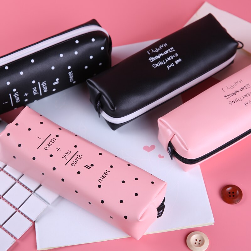 1 Stuks Leuke Roze Etui Voor Meisjes Kawaii Zwart Wit Dot Pu Leather Pen Bag Briefpapier Pouch Kantoor School levert
