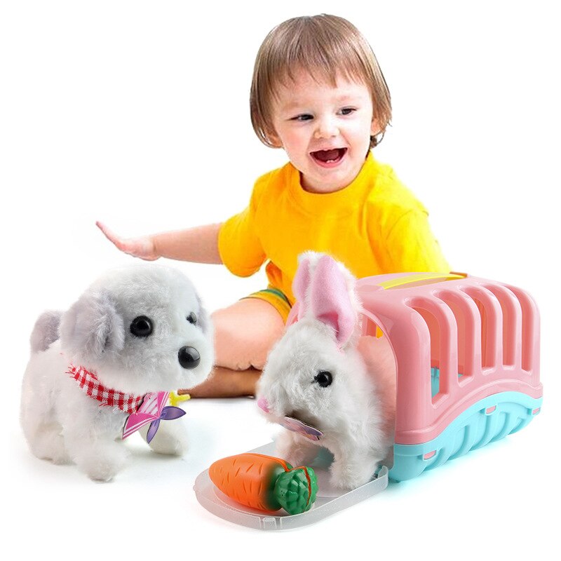 Bonito simulação elétrica cão coelho brinquedos de pelúcia sons andando robô inteligente filhote de cachorro brinquedo elétrico