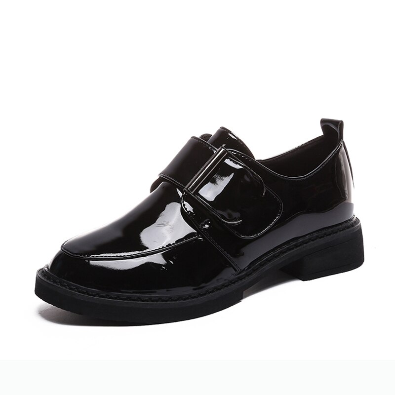 BeautyFeet Solid Patent Leather Women Shoes Woman Oxford Leisure Shoes Female Square Low Heels Hoop&Loop Casual Shoes