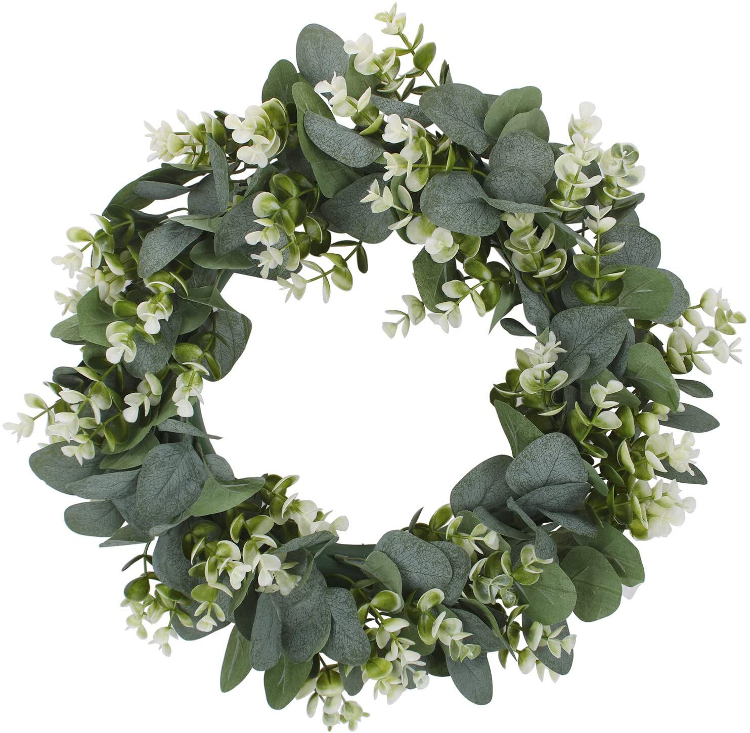 Artificial Green Eucalyptus Wreath,15 Inches Greenery Wreath With Clusters Of White Flowers Mini Spring/summer Wreath For Front: D