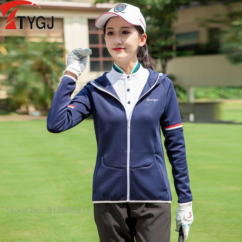 TTYGJ wiatroszczelna damska kurtka golfowa z kapturem damska Golf wiatrówka w paski długie rękawy odzież sportowa płaszcz na co dzień dla golfa