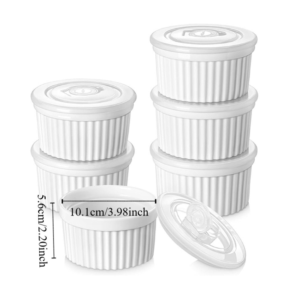 6pcs Baking Bowl 8 Oz Ramekin Porcelain with Lid Dessert Cup White High Temperature Resistant Pudding Cup Dishwasher
