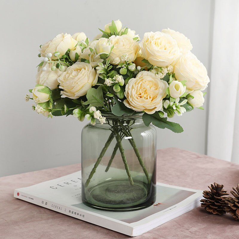5 cabezas grandes rosas ramo de flores falsas para la decoración del hogar Decoración de la boda Rosa Blanca peonía flores artificiales